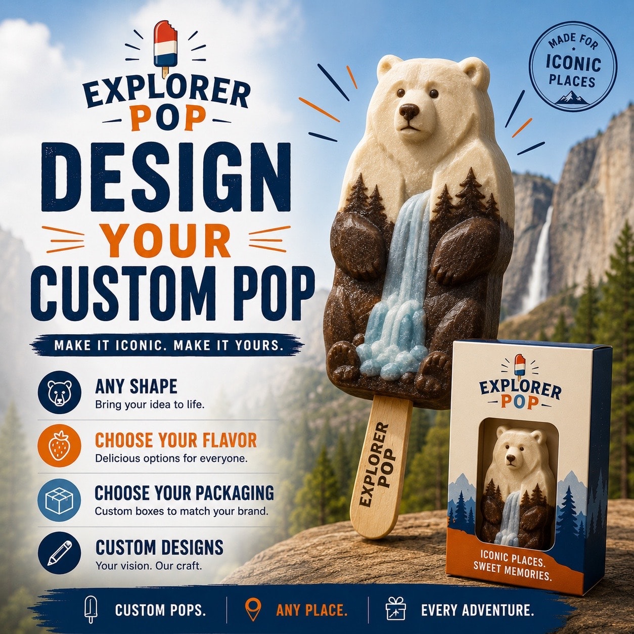 Custom Explorer Pop — artisan ice cream pop shaped like a bear at Yosemite